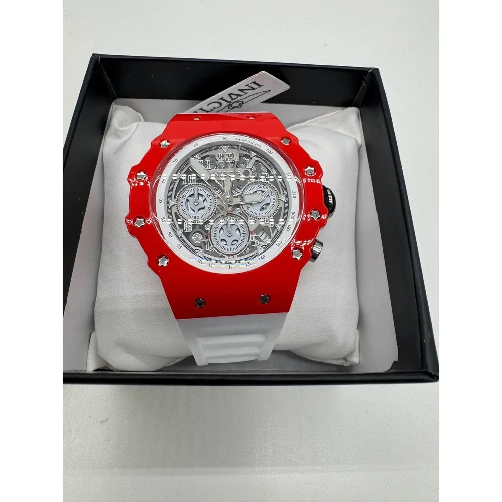 Invicta Racing Vaulthan Mens Watch 44mm Red White Skeleton Dial Silicone Strap